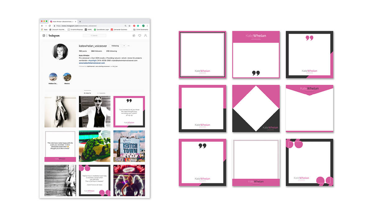 Kate Whelan Voiceover bespoke branded Instagram social media templates.