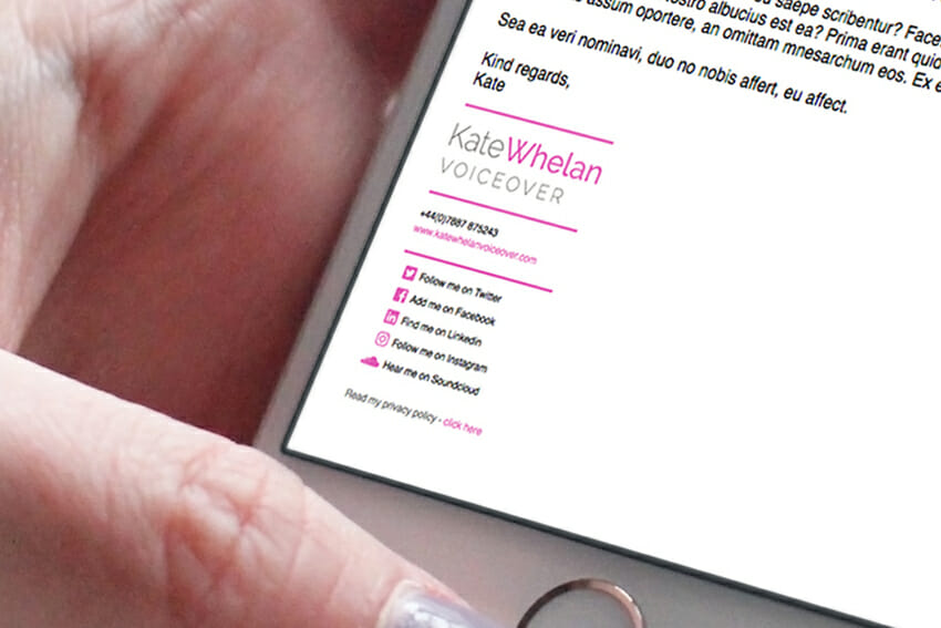 Kate Whelan Voiceover branding email signature.