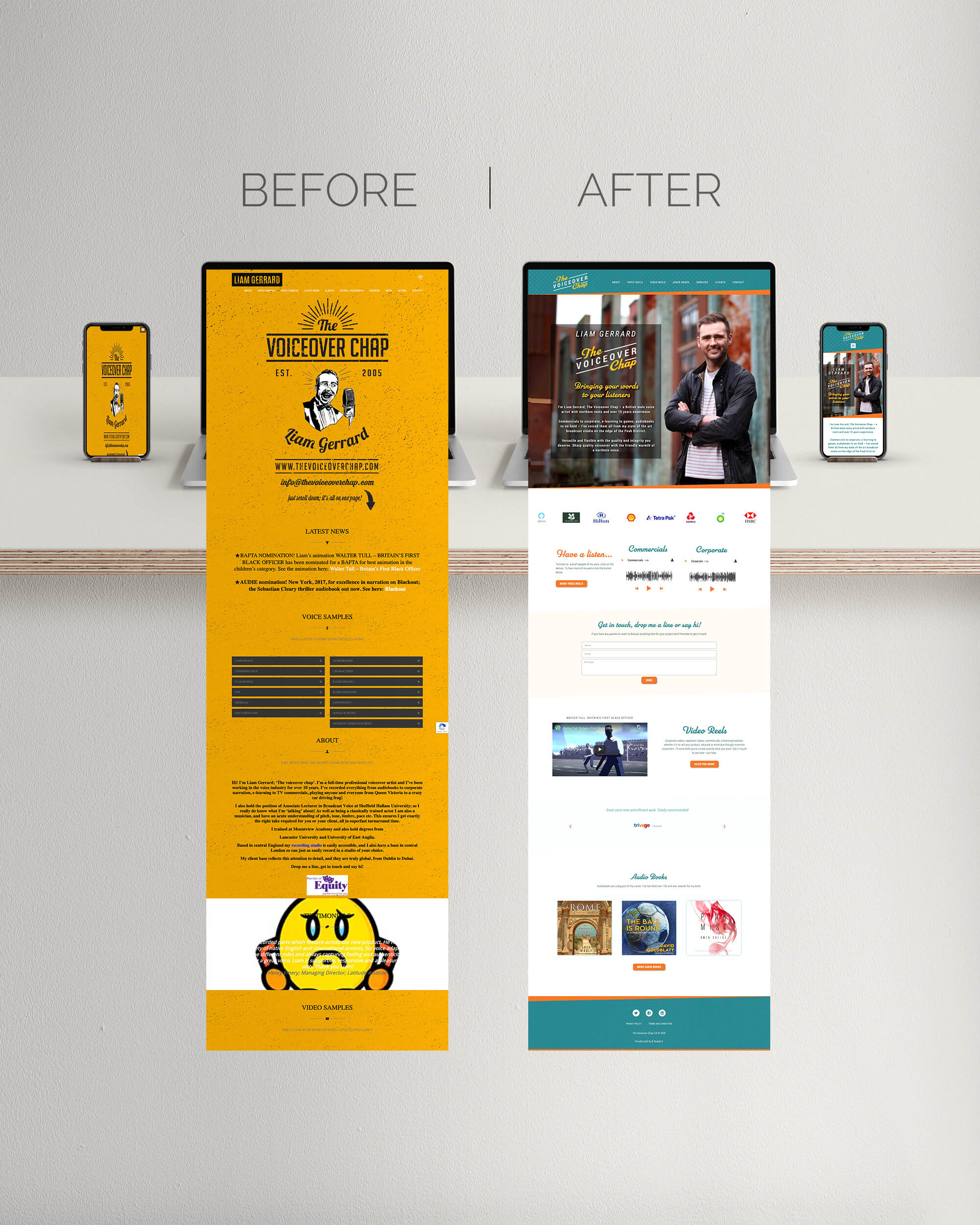 Website design before and after for The Voiceover Chap Liam Gerrard