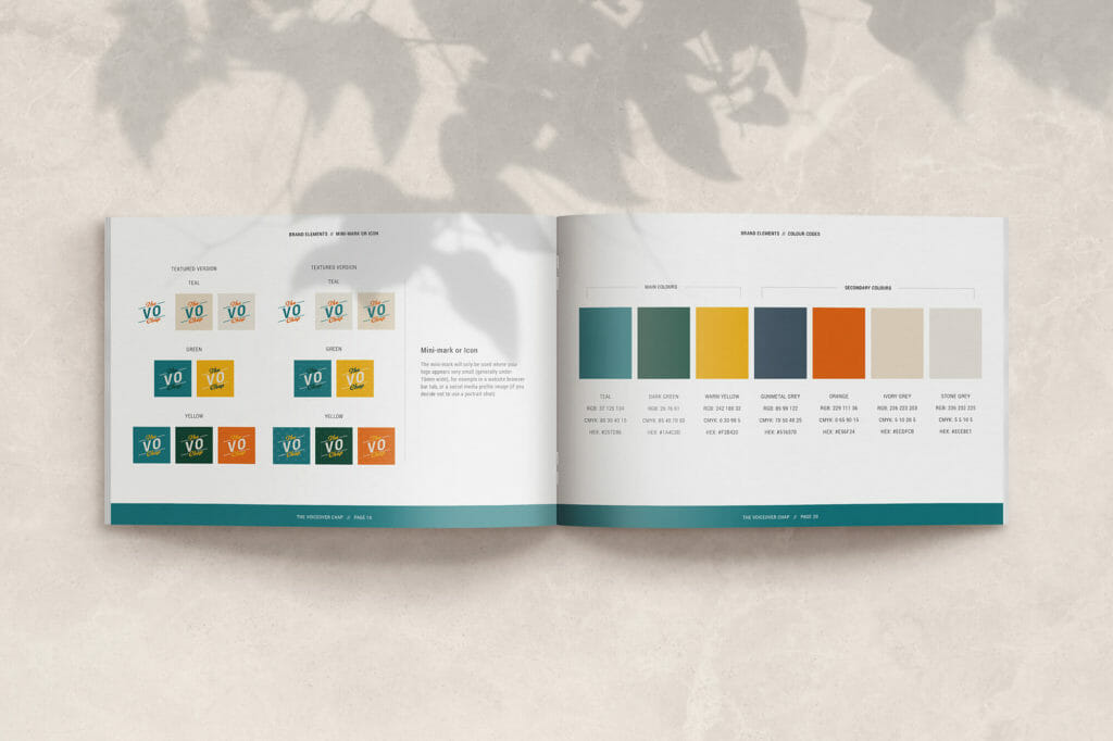 Logo and colours in brand book - branding and website design for The Voiceover Chap Liam Gerrard