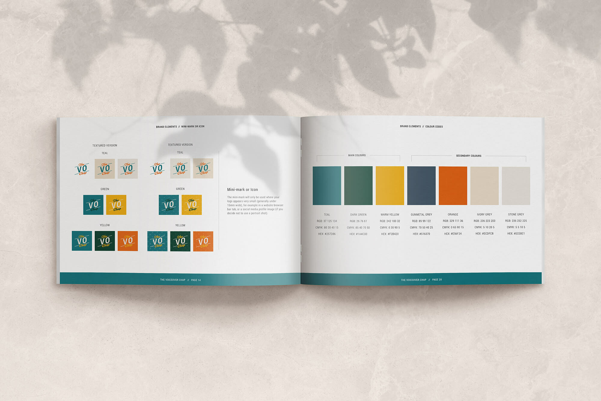 Logo and colours in brand book - branding and website design for The Voiceover Chap Liam Gerrard