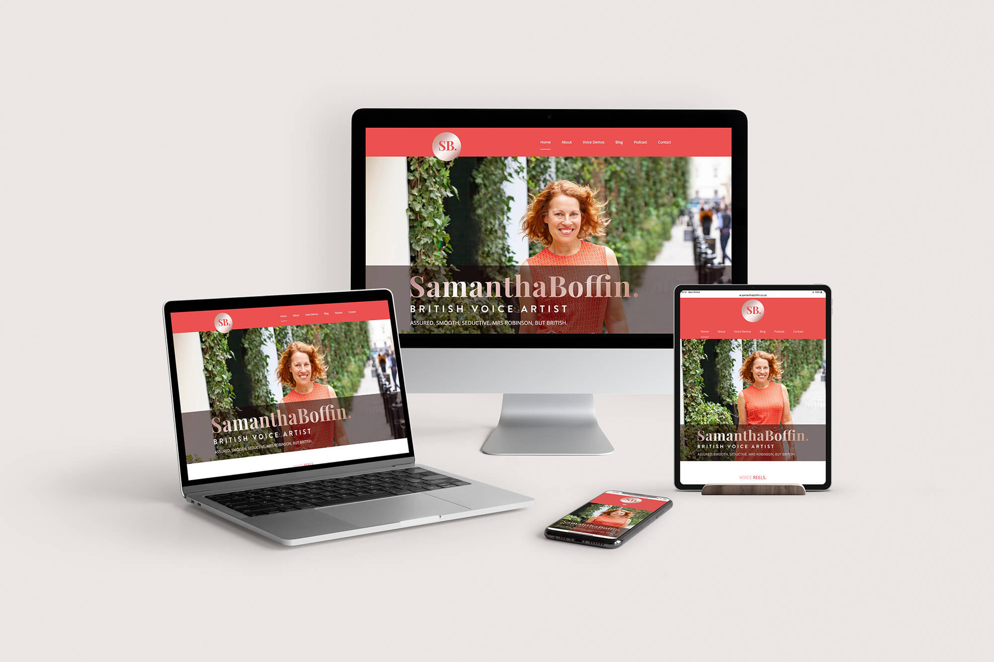 Samantha Boffin voiceover website on ipad, mobile, laptop and desktop