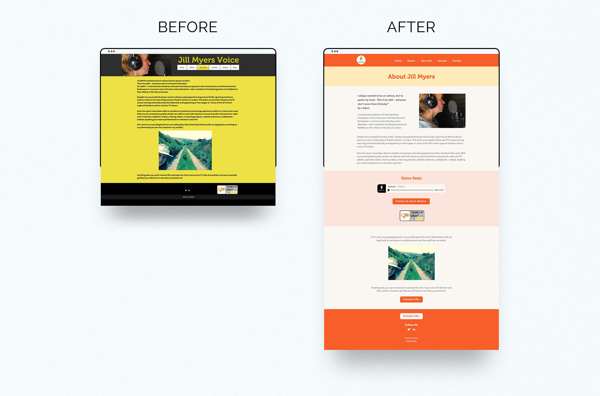 Jill Myers voice over website before & after about page