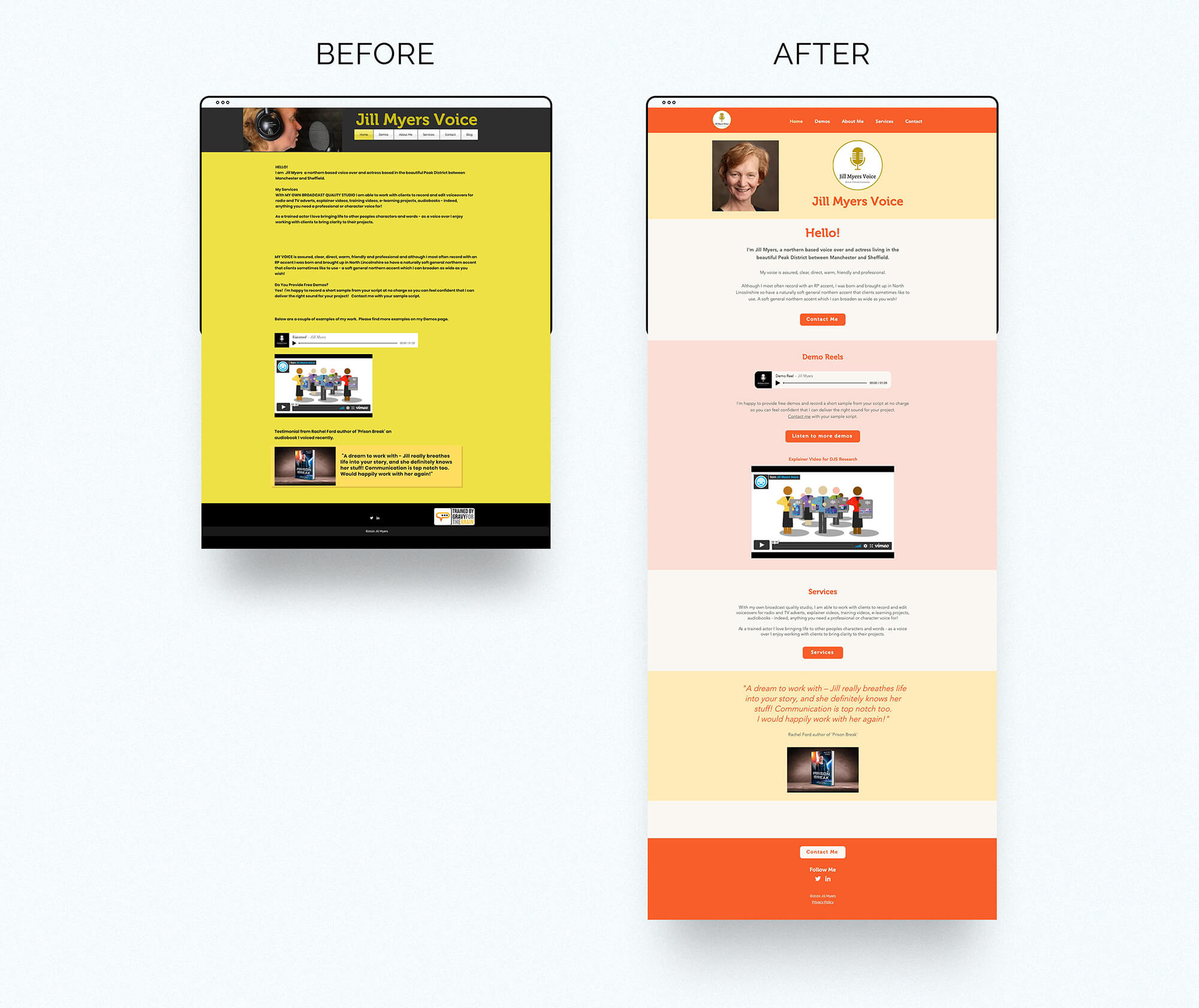 Jill Myers voice over website before & after homepage