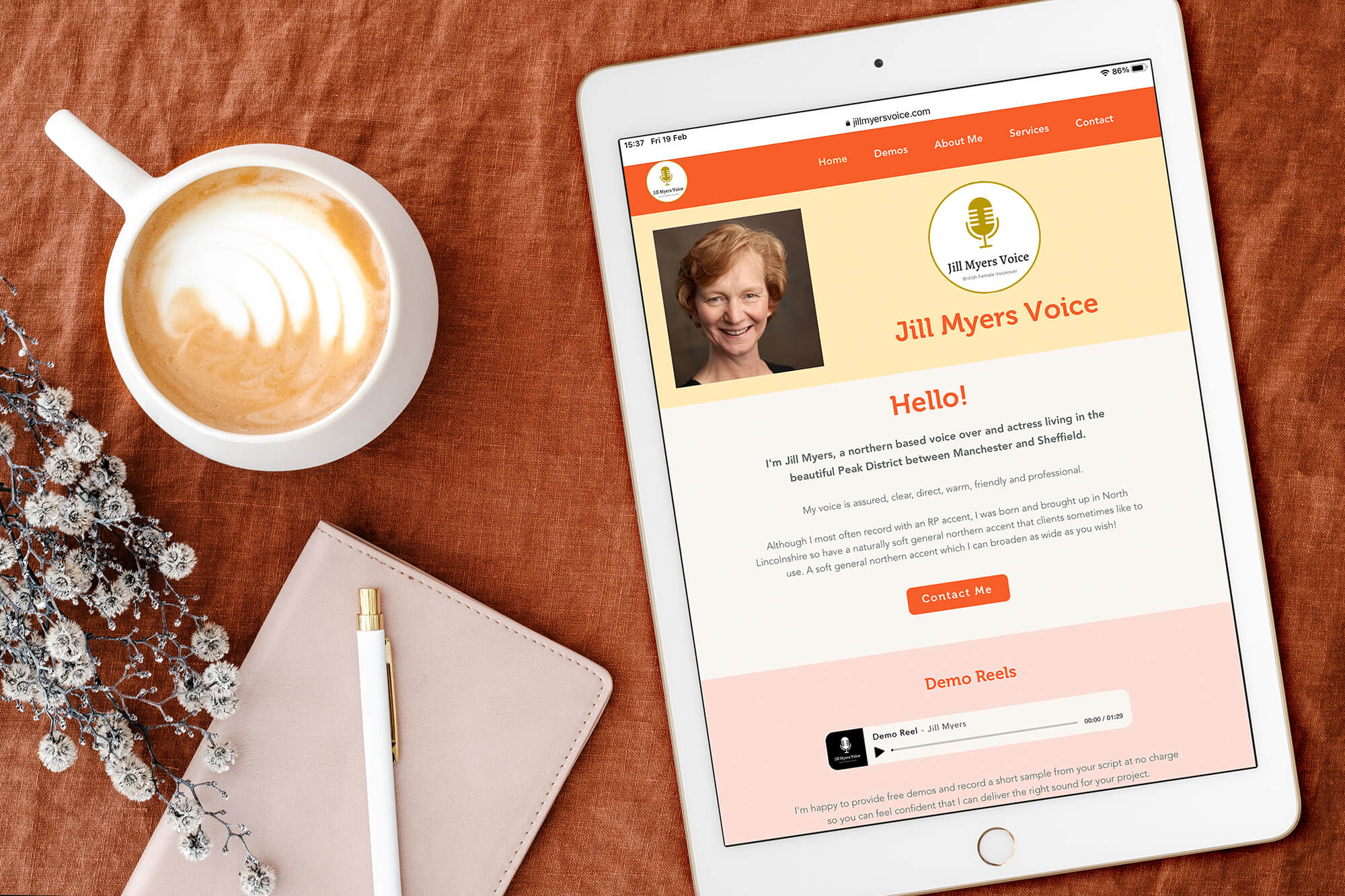 Jill Myers voice over website homepage on ipad