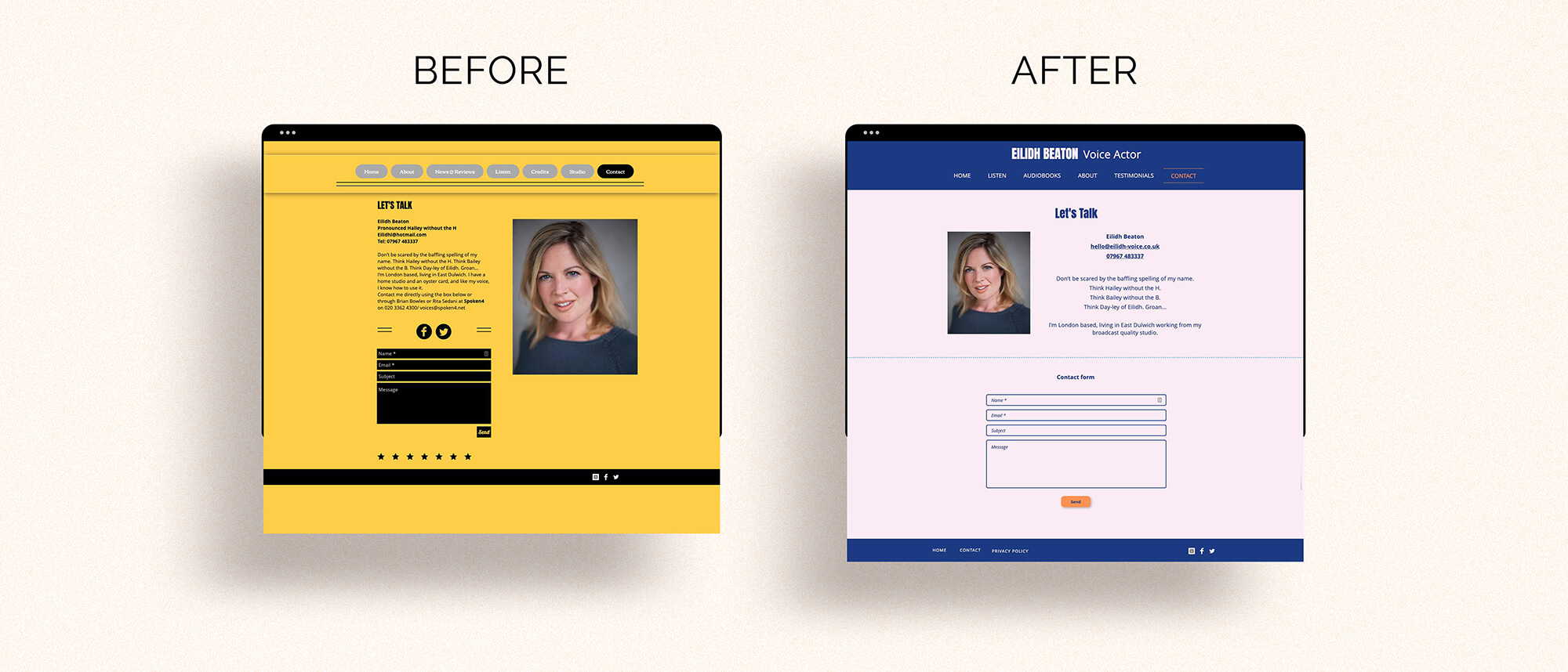 Eilidh voice actor website before and after contact page