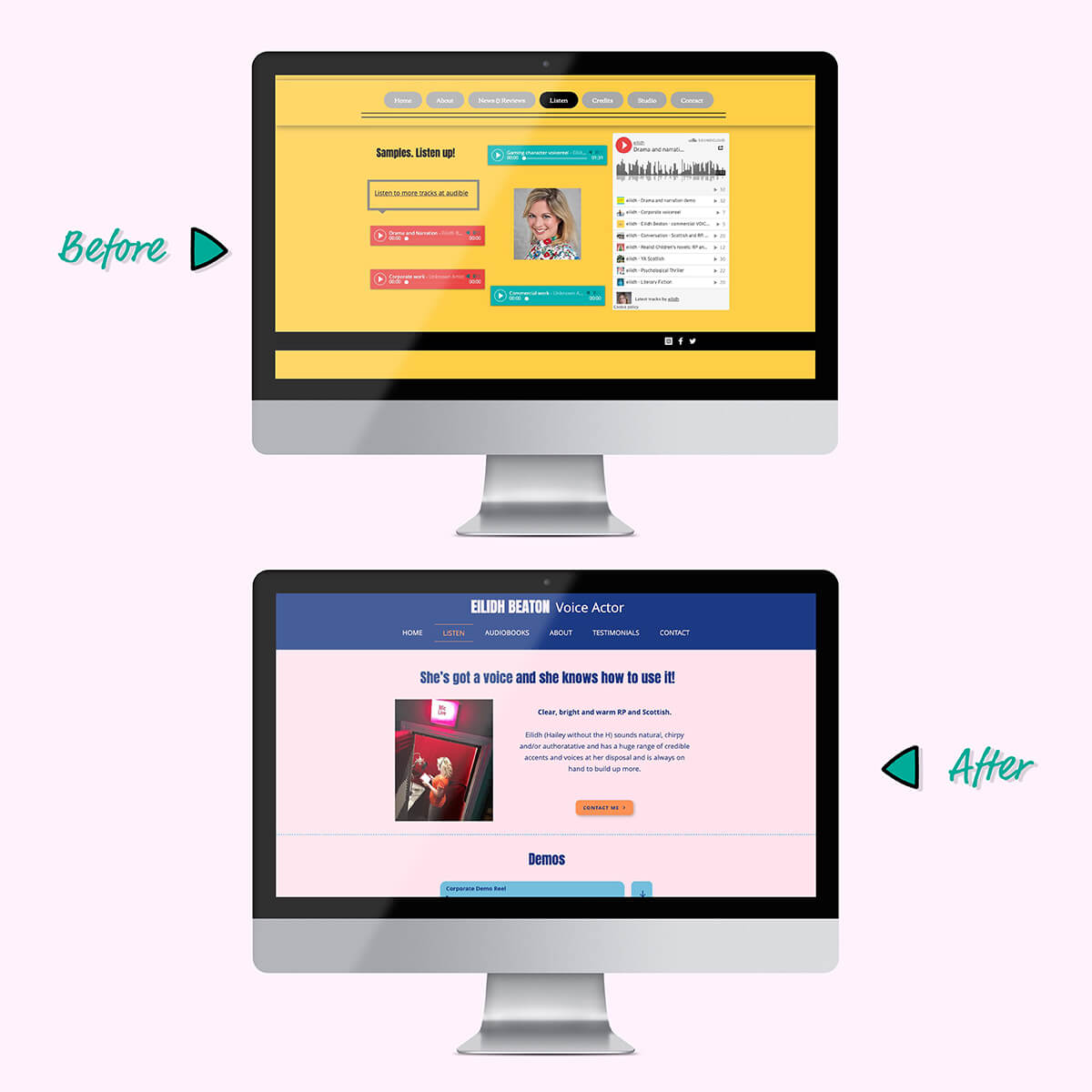 Eilidh voice actor website before and after demos
