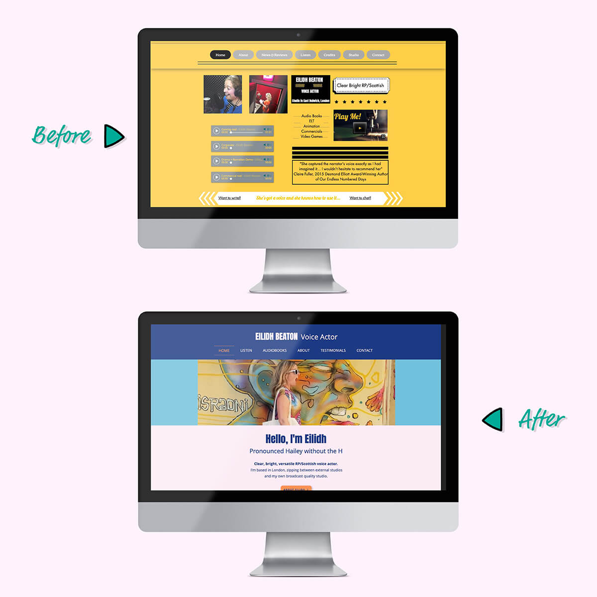 Eilidh voice actor website before and after home page
