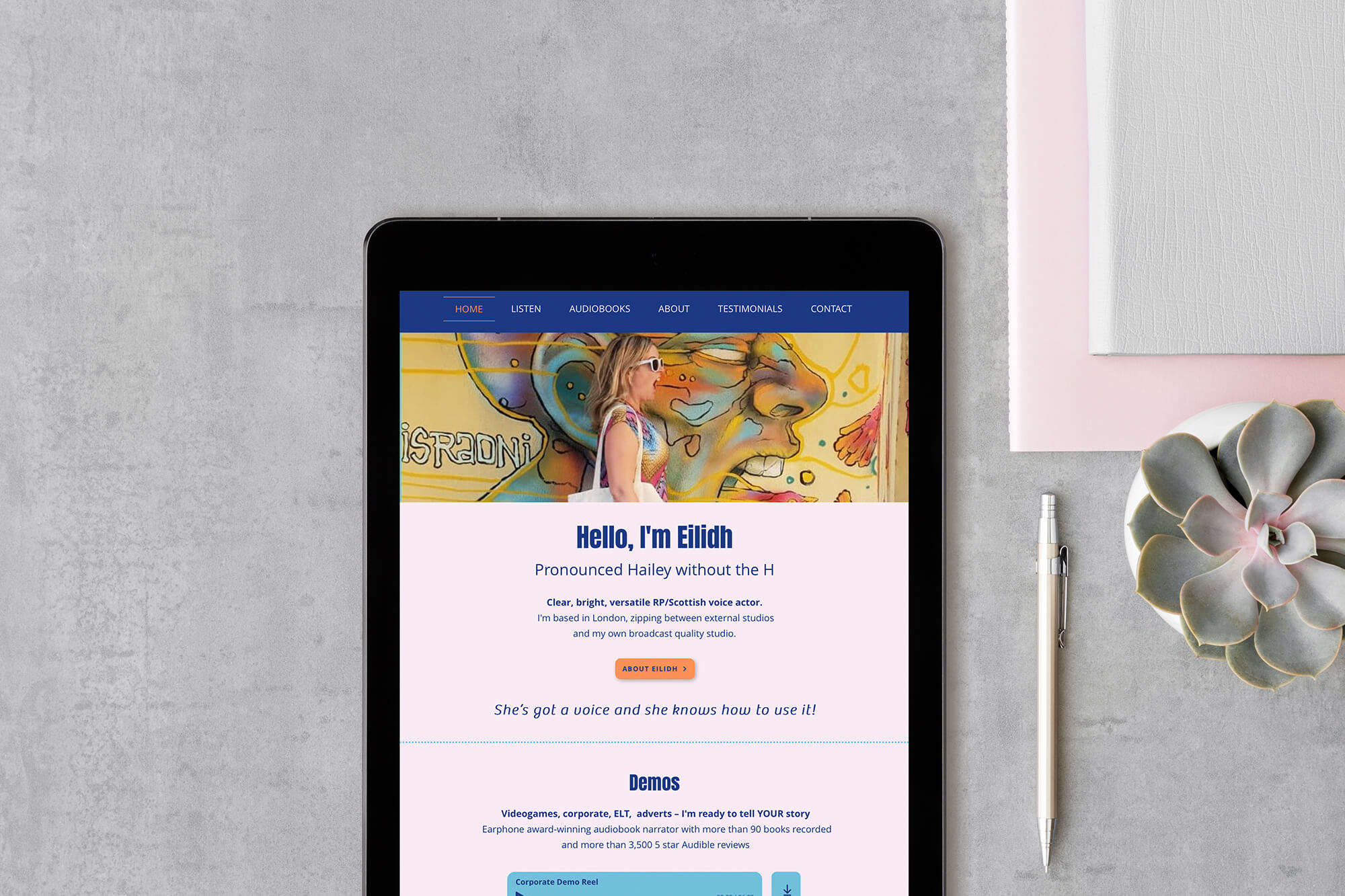Eilidh voice actor website review home page on tablet