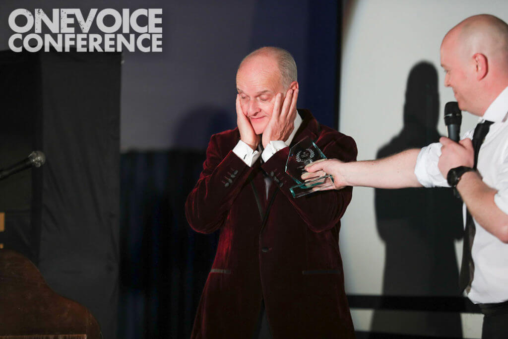 Peter Dickson receiving Voiceover Legend Award 2019