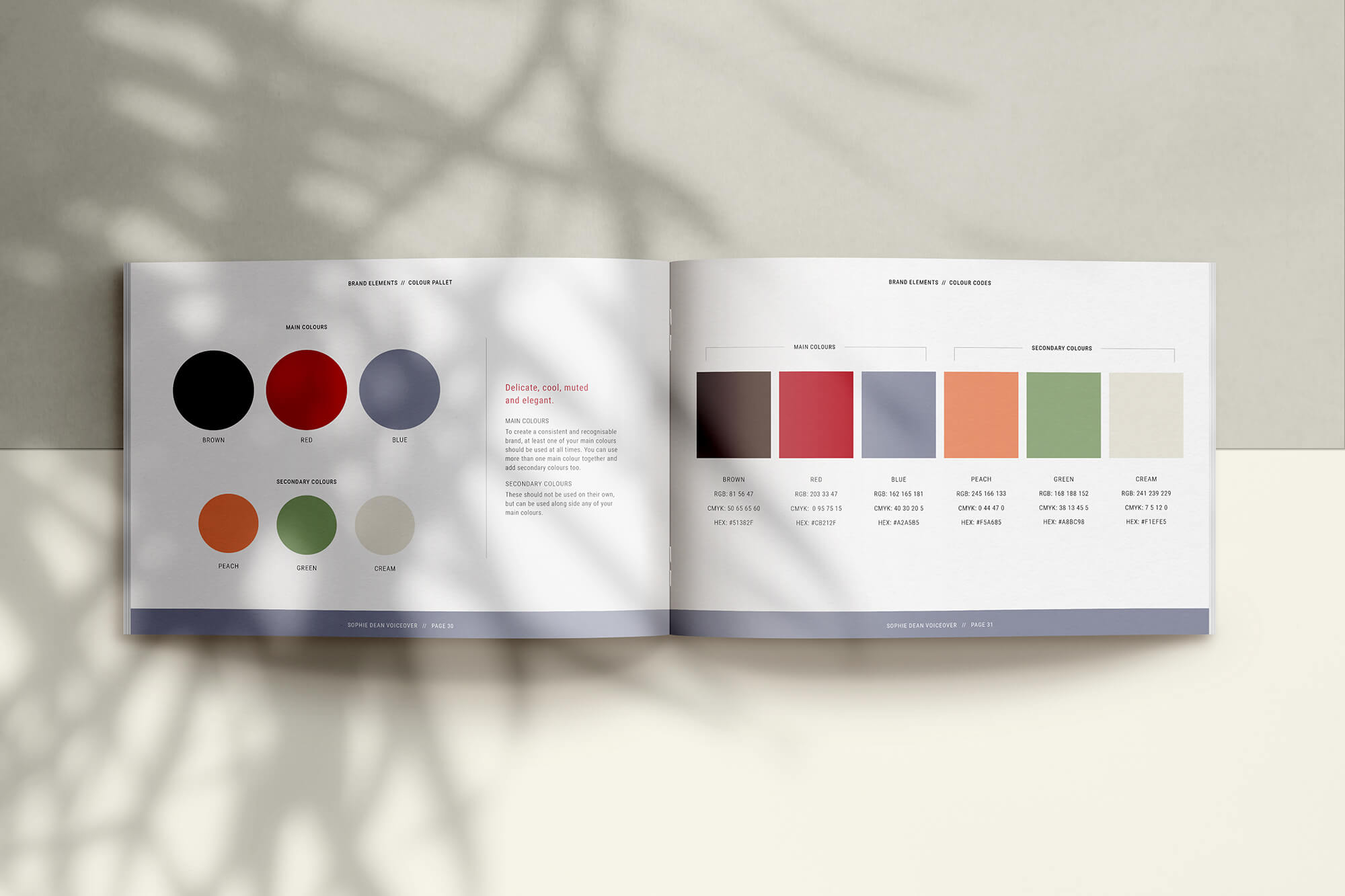 Colour pallet from the brand guidelines for Sophie Dean Voiceover by Helen Bee from B Double E.
