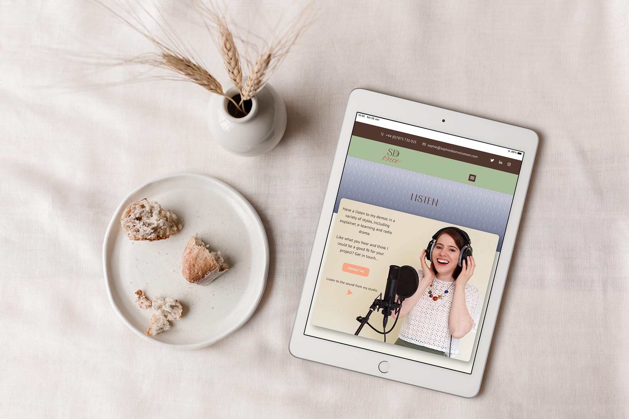 Sophie Dean Voiceover website 'listen' page on an ipad which shows examples of her past projects.