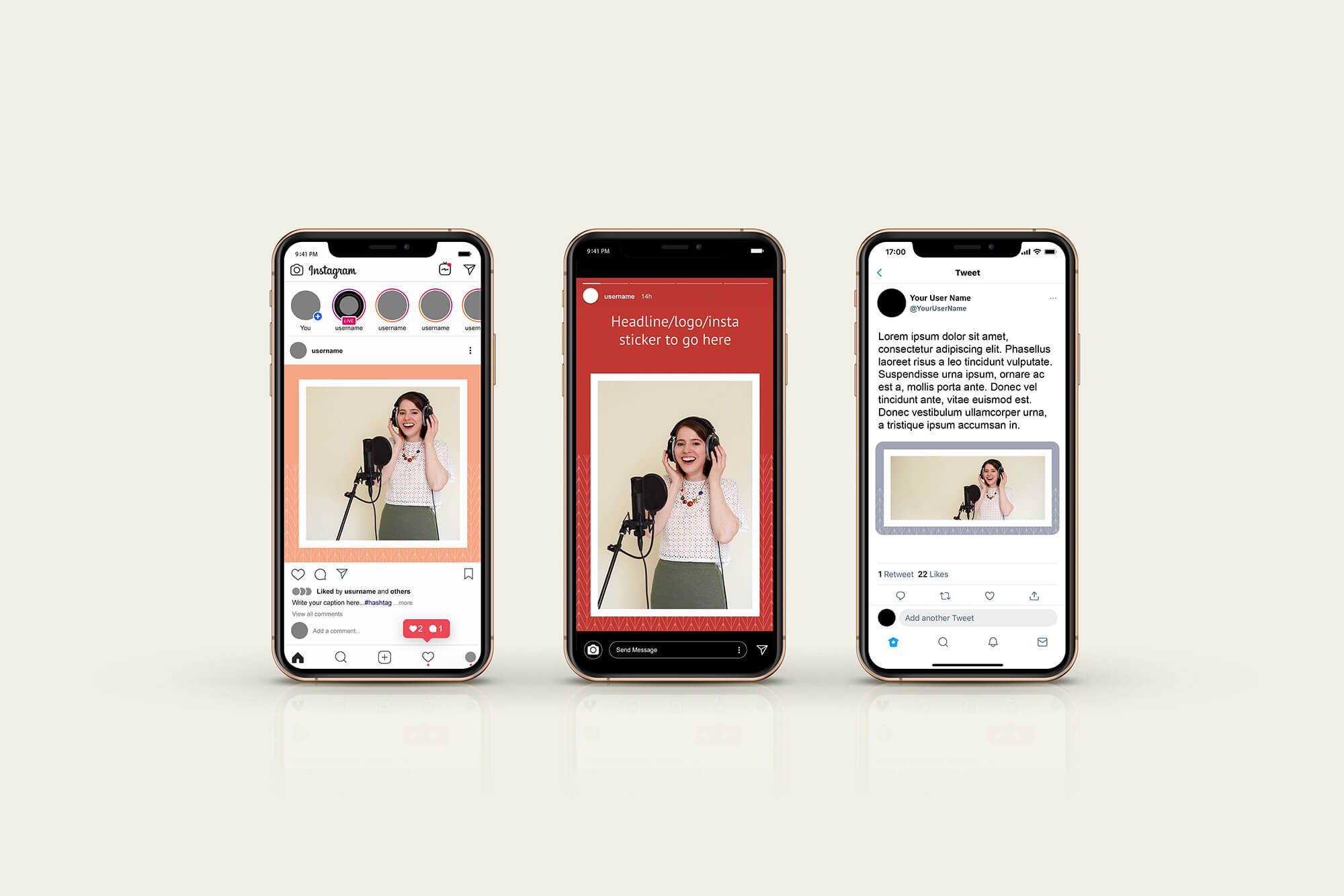 3 mobile phones showing social media templates designed by Helen Bee for Sophie Dean Voiceover.