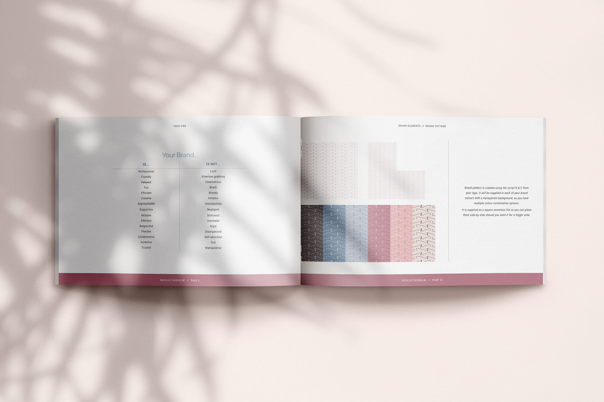 Natalie's voiceover brand and logo design brand guidelines showing keywords and custom patterns.