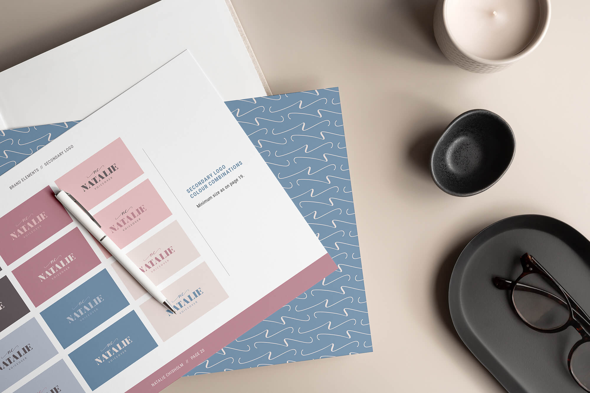 Natalie's voiceover brand logos showing various sizes, lockups and colour variations.