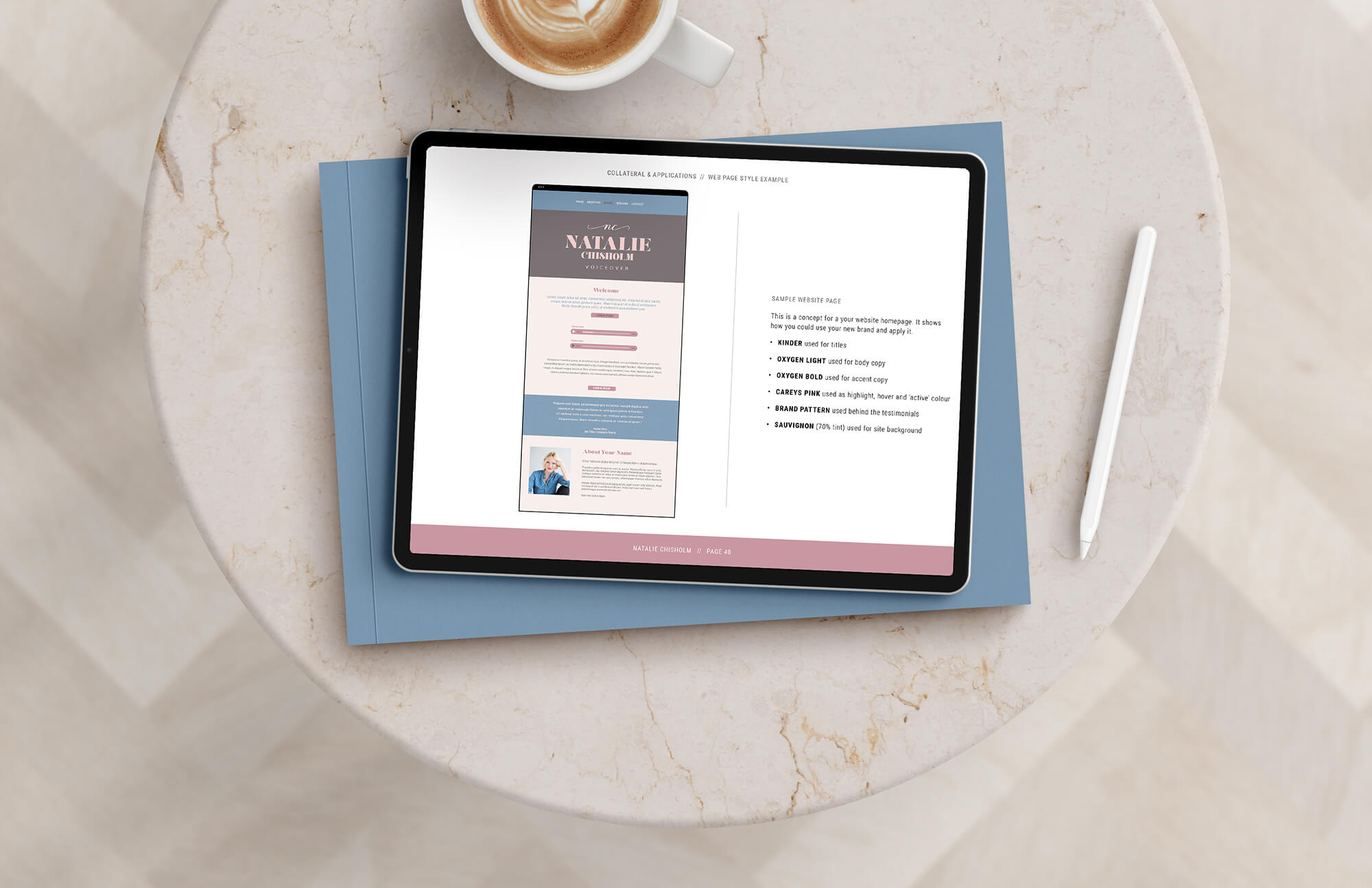 Natalie's voiceover brand and logo design website style guide on an ipad.