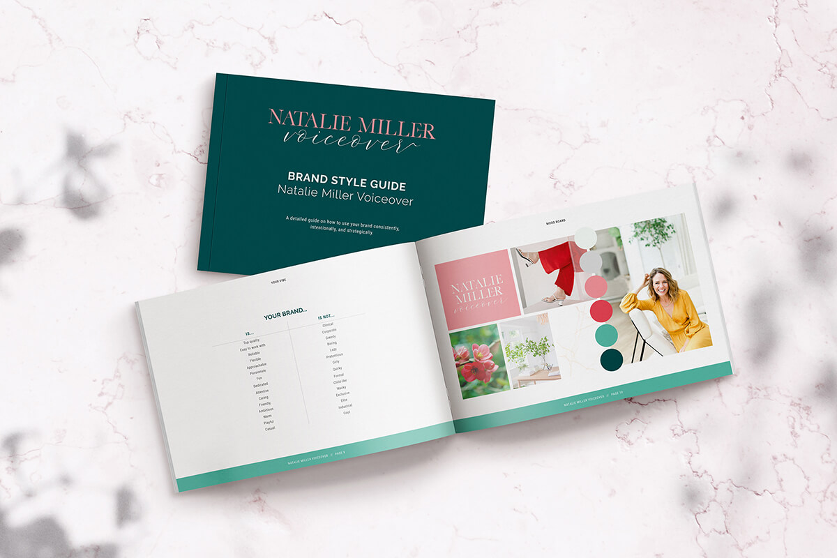 Brand mood board design for voiceover Natalie designed by Helen Bee from B Double E.
