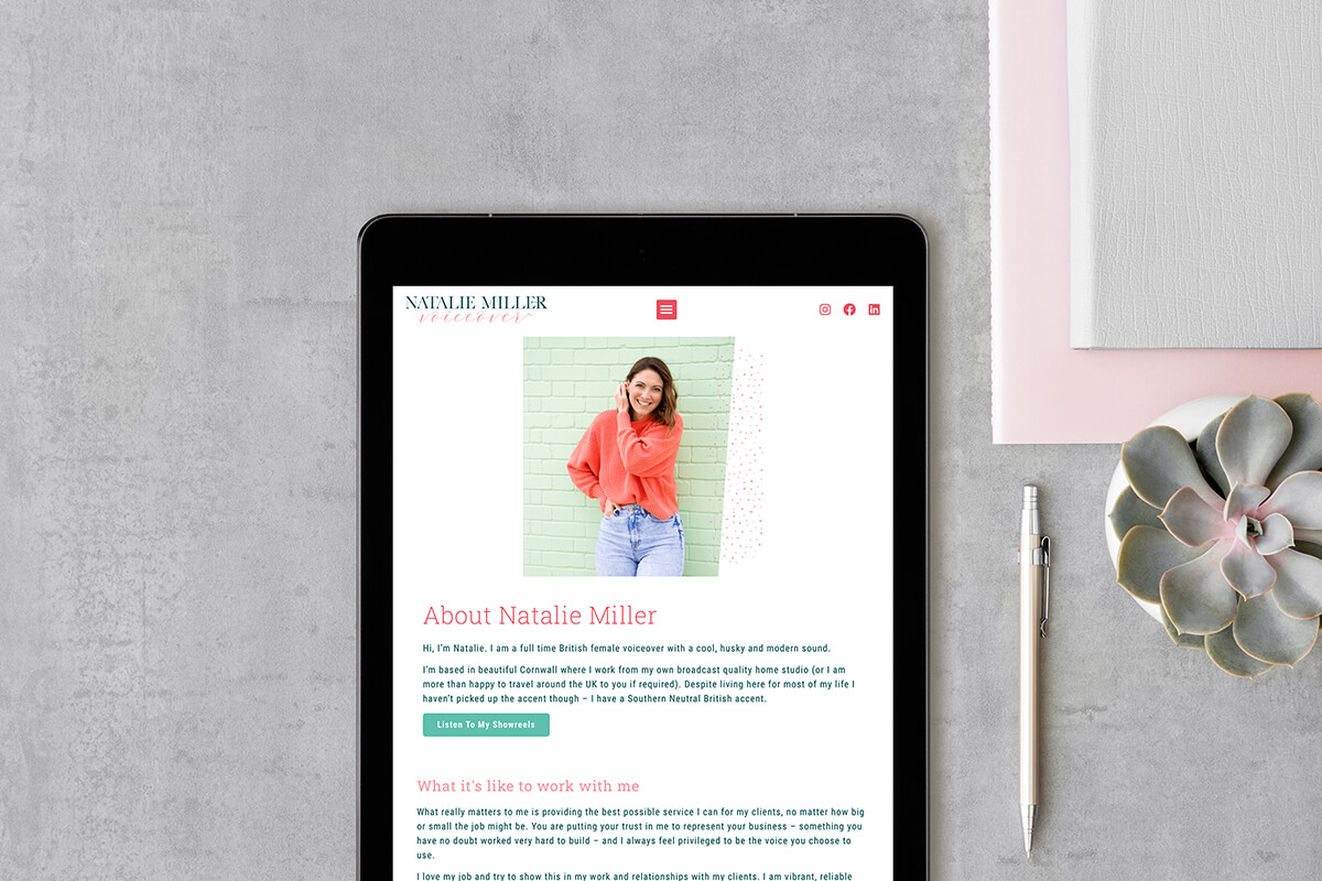 Website design shown on tablet for voiceover Natalie designed by Helen Bee from B Double E.