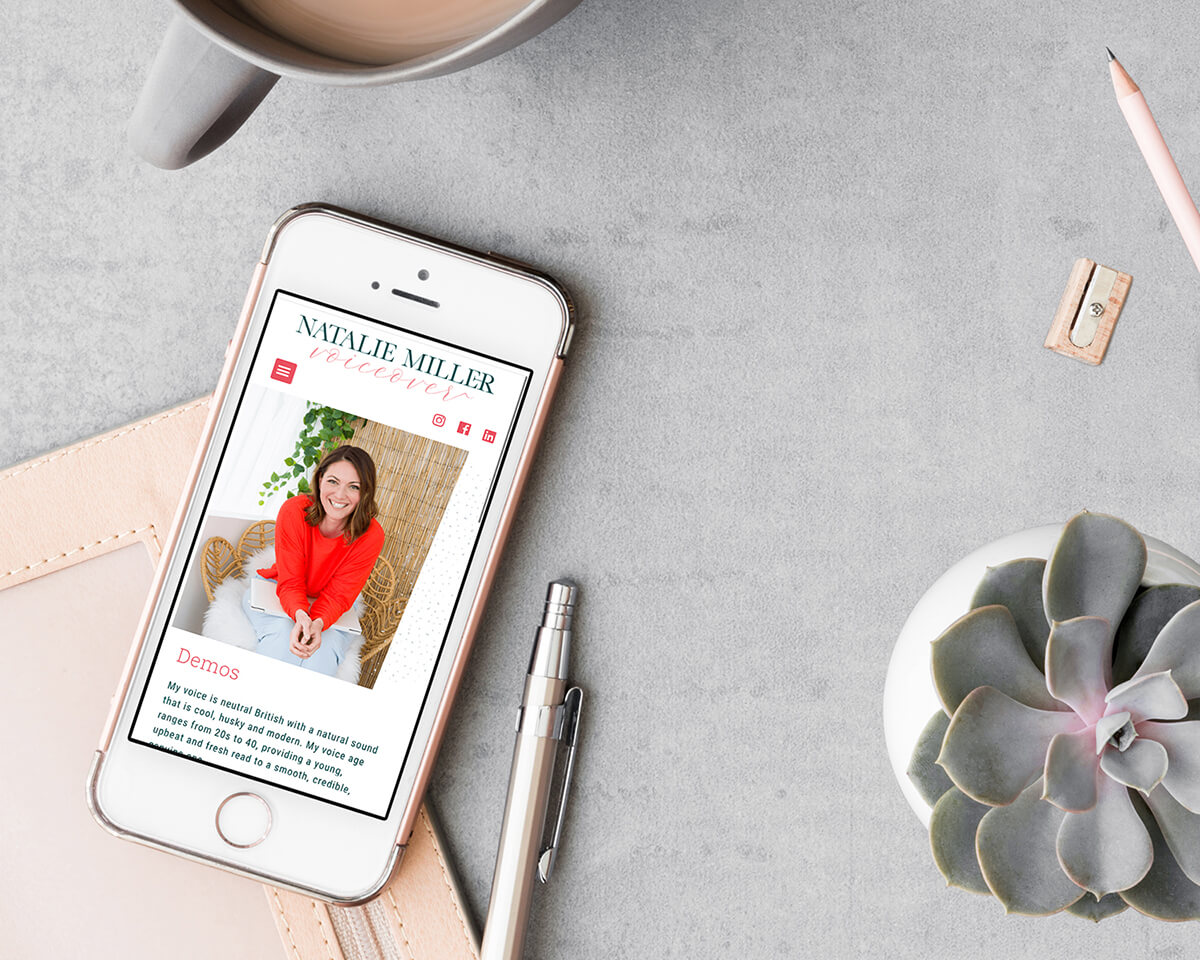 Website design shown on iphone for voiceover Natalie designed by Helen Bee from B Double E.