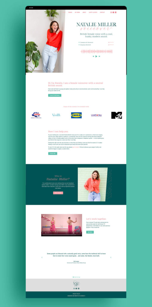 Website home page design for voiceover Natalie designed by Helen Bee from B Double E.