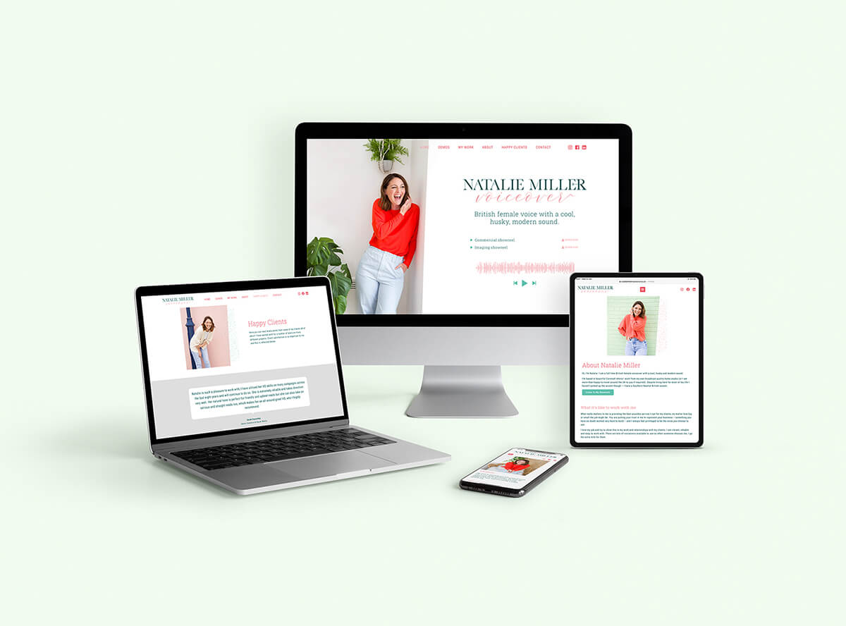Website design shown on laptop, desktop, tablet and mobile for voiceover Natalie designed by Helen Bee from B Double E.