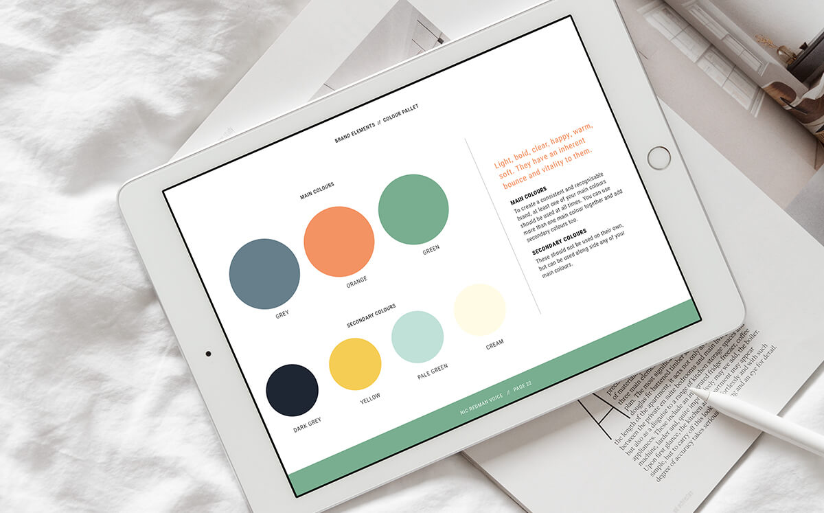 Brand colours for voiceover and coach Nic Redman designed by Helen Bee from B Double E on a tablet.
