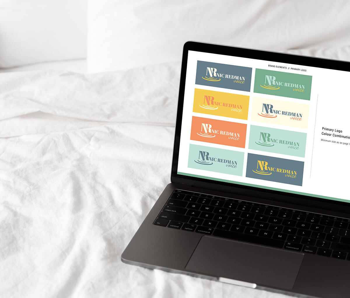 Logo design for voiceover and coach Nic Redman designed by Helen Bee from B Double E on a laptop.