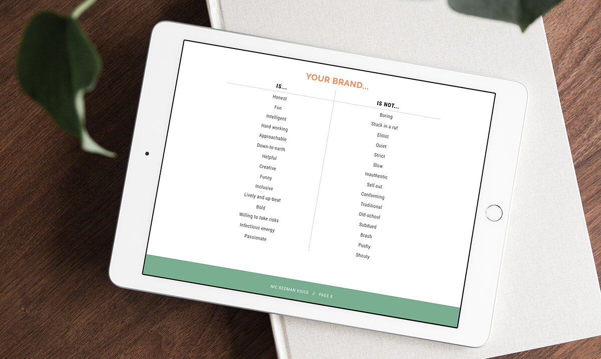 Brand key words for voiceover and coach Nic Redman designed by Helen Bee from B Double E shown on an ipad.