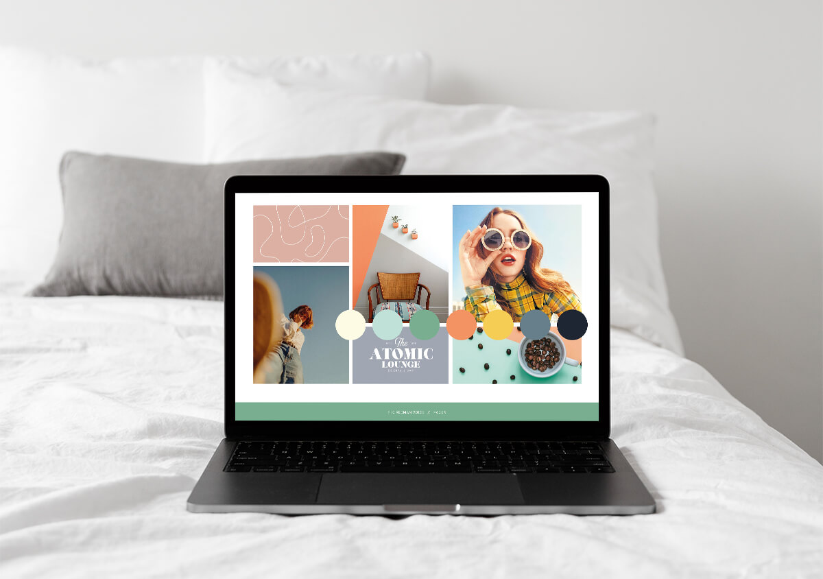Mood board for voiceover and coach Nic Redman designed by Helen Bee from B Double E shown on a laptop.