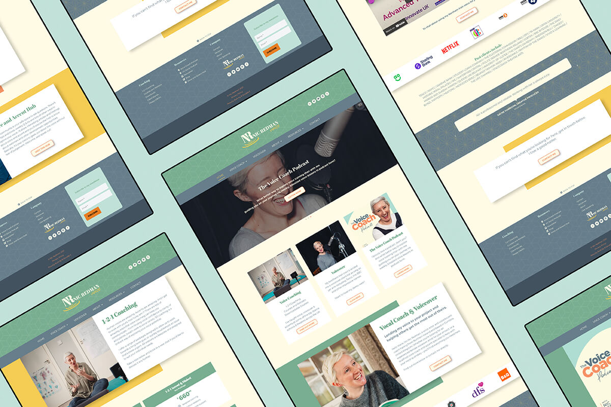 Pages from voiceover Nic Redman's website designed by Helen Bee from B Double E.