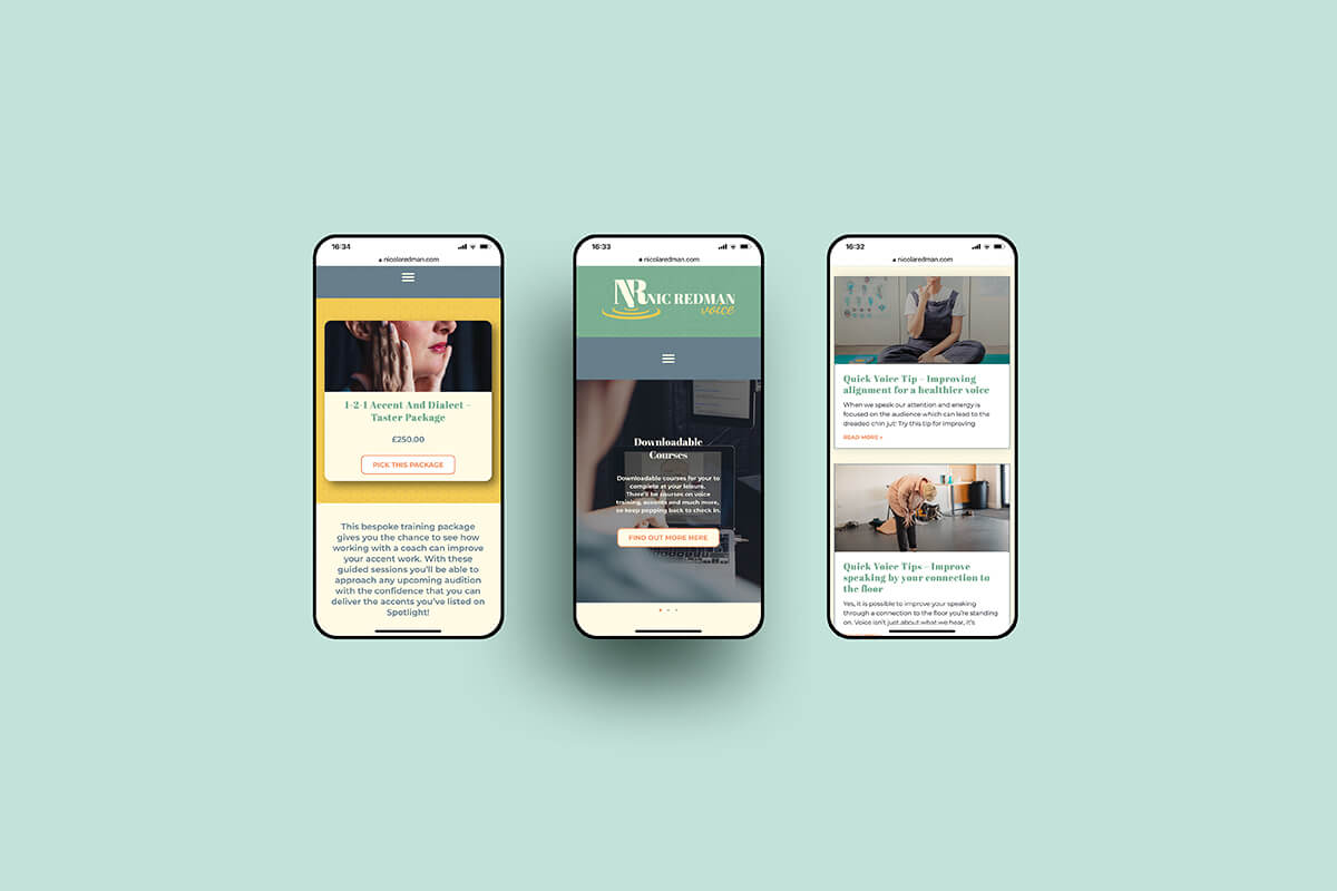 Voice coach Nic Redman's website shown on mobile phones designed by Helen Bee from B Double E.