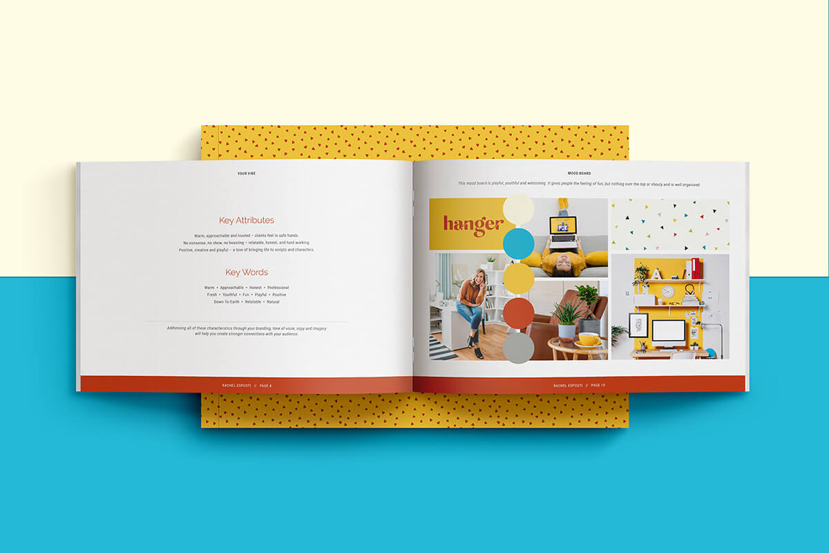 Mood board and key word pages from voiceover and actor Rachel Esposti's brand guidelines.