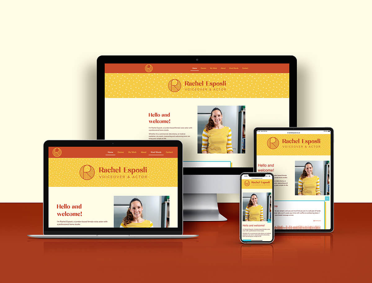 Website for voiceover and actor Rachel Esposti shown on desktop, mobile, tablet and mobile phone..