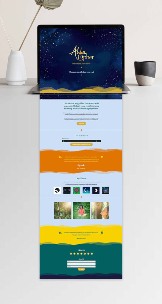 Website home page of voice over Abbe designed by Helen Bee from B Double E.