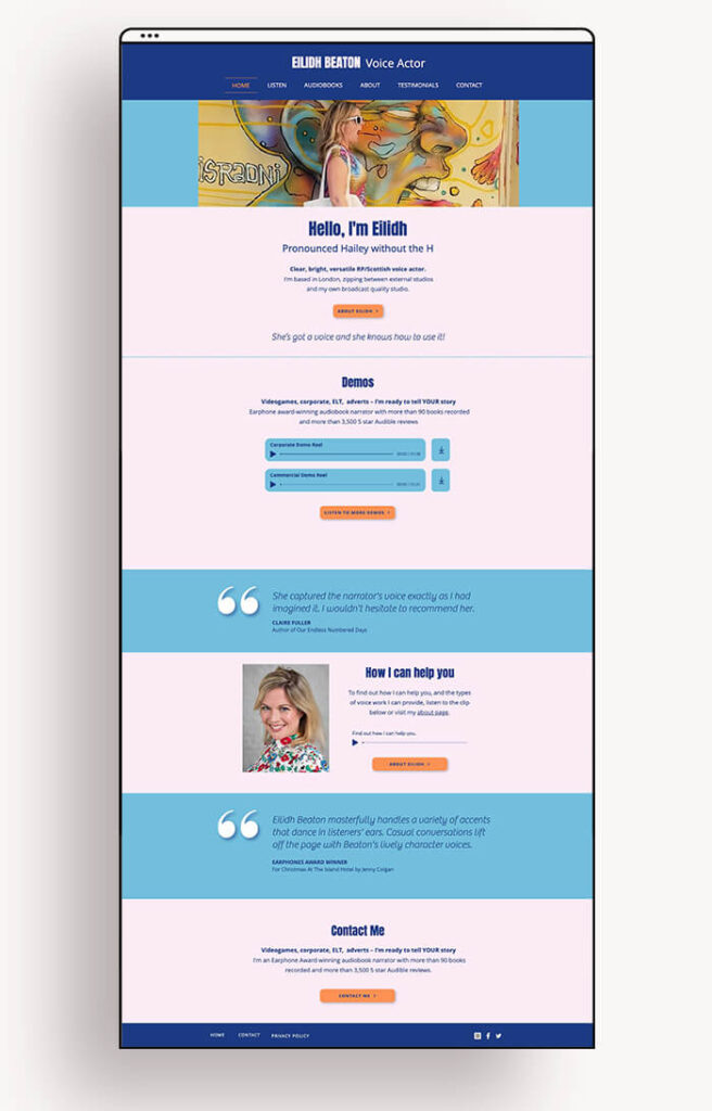 Website home page of voice over Eilidh designed by Helen Bee from B Double E.