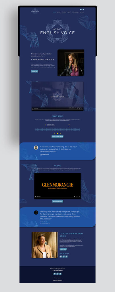Website home page of voice over Kate designed by Helen Bee from B Double E.
