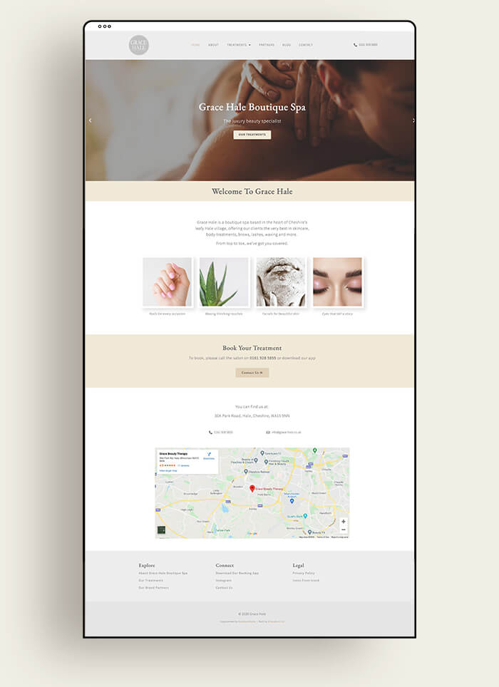 Website home page of Grace Hale Spa designed by Helen Bee from B Double E.