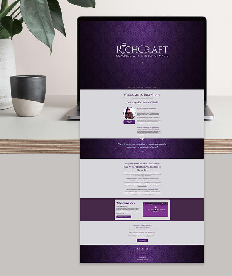 Website home page of voiceover coach RichCraft designed by Helen Bee from B Double E.