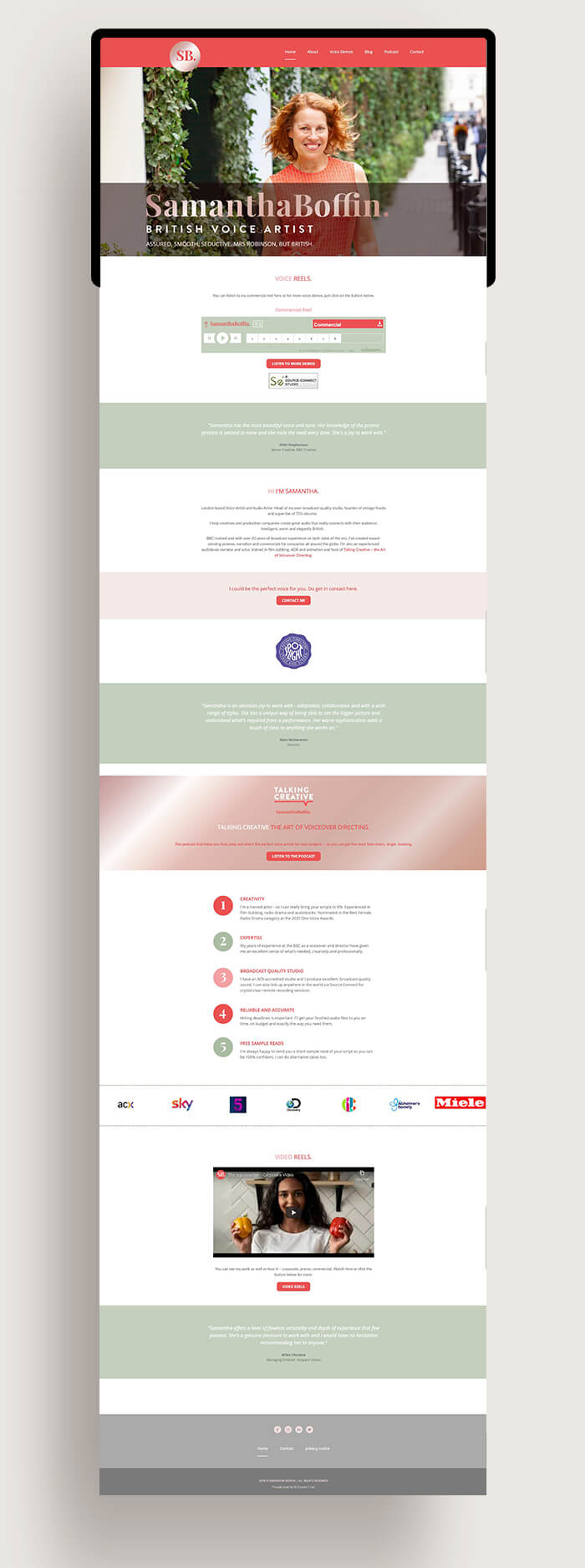Website home page of voice over Samantha Boffin designed by Helen Bee from B Double E.