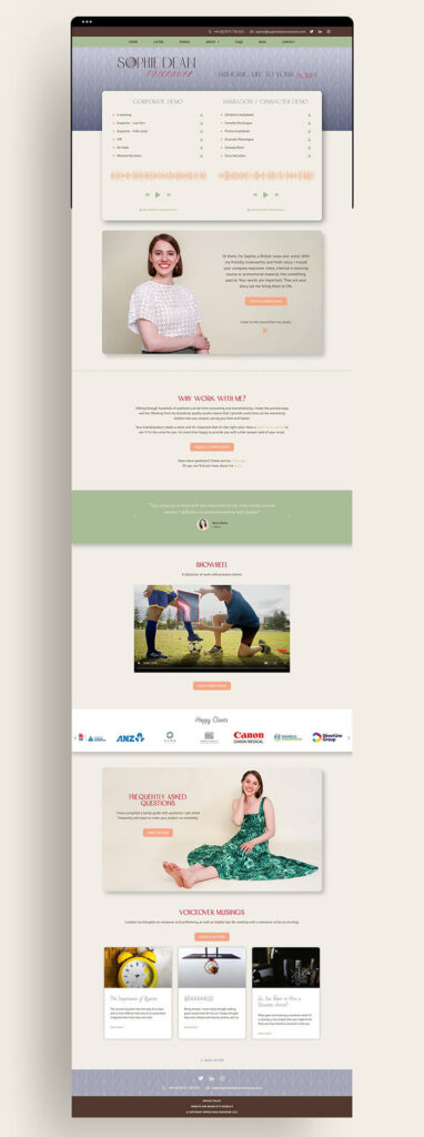 Website home page of voice over Sophie designed by Helen Bee from B Double E.