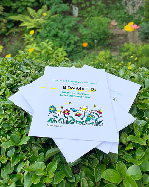 A packet of B Double E wild flower seeds on a green hedge.