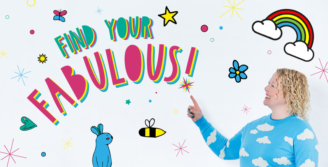 Helen Bee from B Double E pointing a bright colourful letter that say 'find your fabulous'