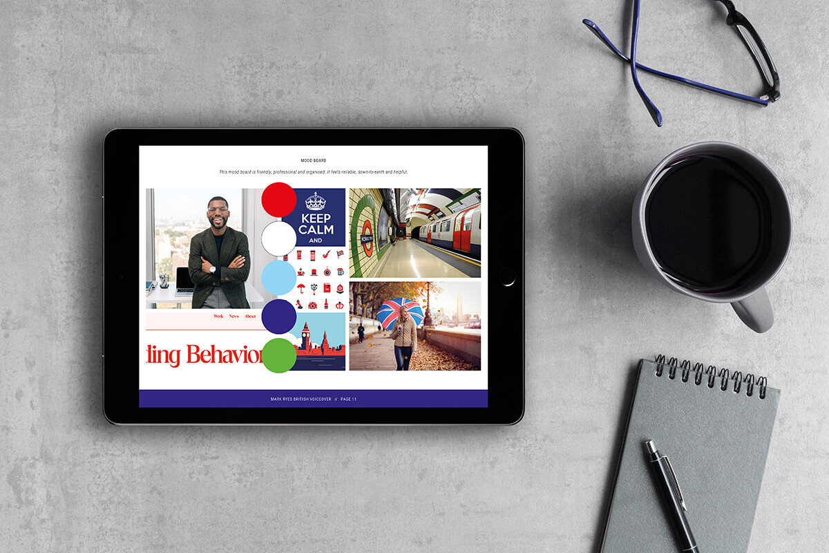 Mark Ryes British voiceover brand mood board on an ipad.