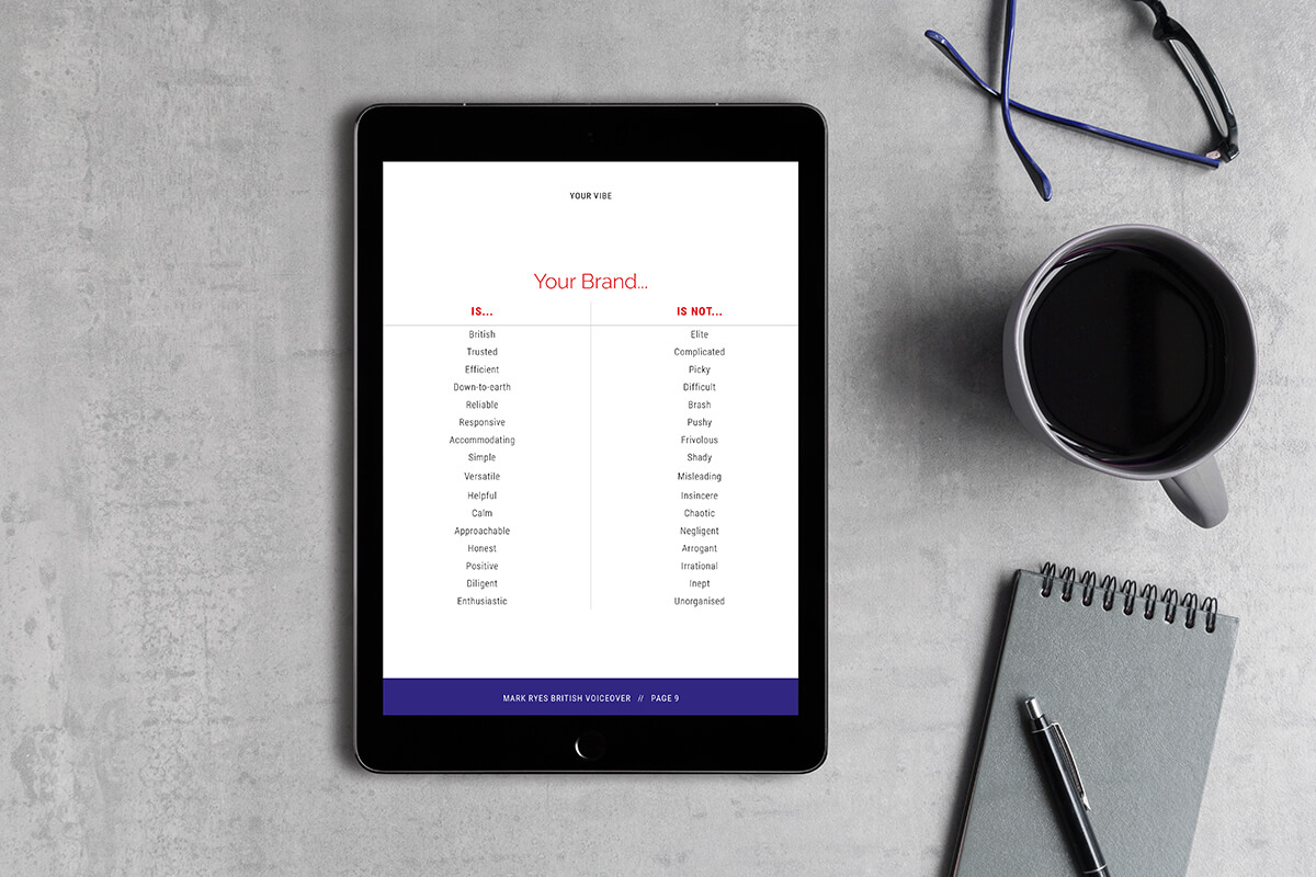 Mark Ryes British voiceover brand keywords on an ipad.