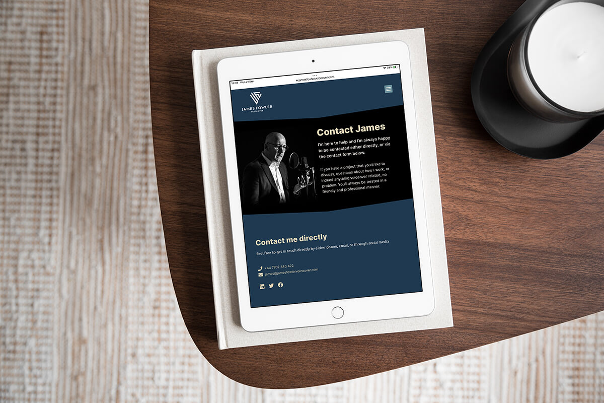 James Fowler Voiceover website contact page shown on an ipad.
