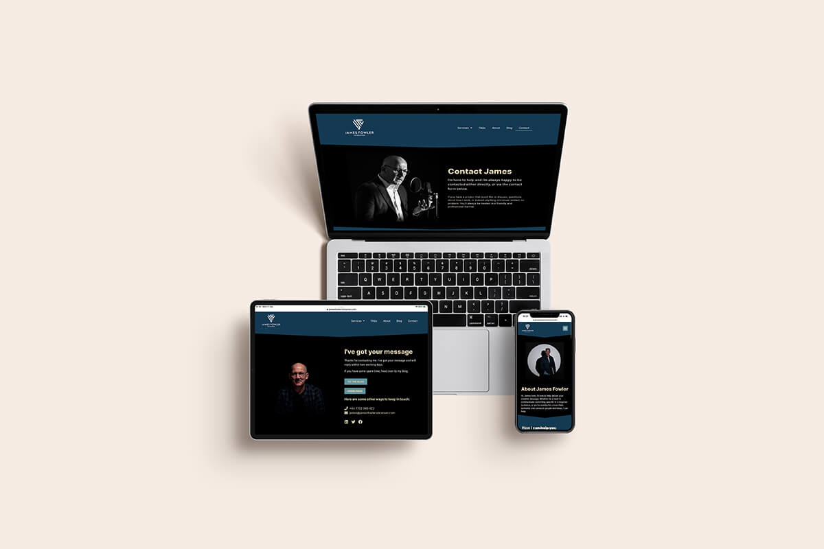 James Fowler Voiceover website shown on a laptop, ipad and mobile phone.
