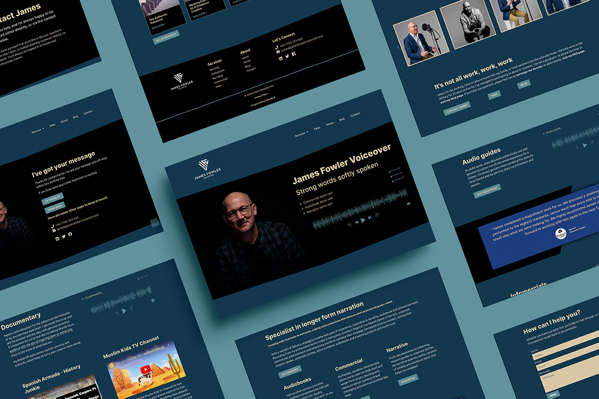 Various pages from James Fowler Voiceover website.
