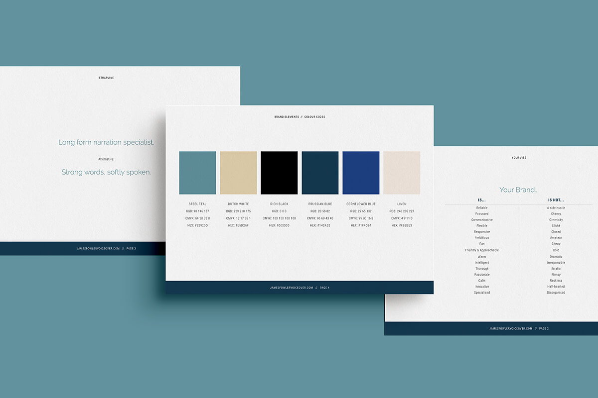 Pages from Voiceover James' mini website style guide.