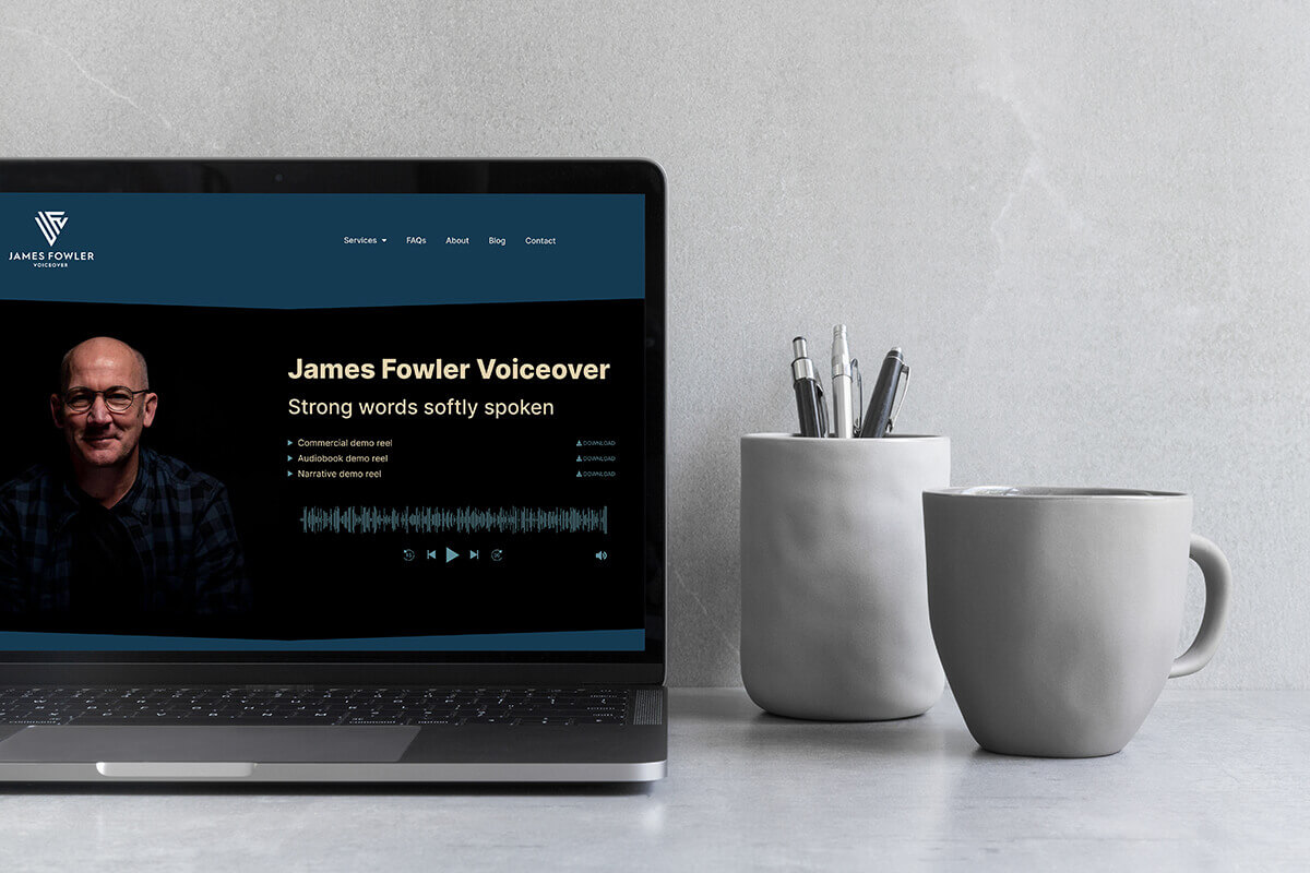 James Fowler Voiceover website shown on a laptop.