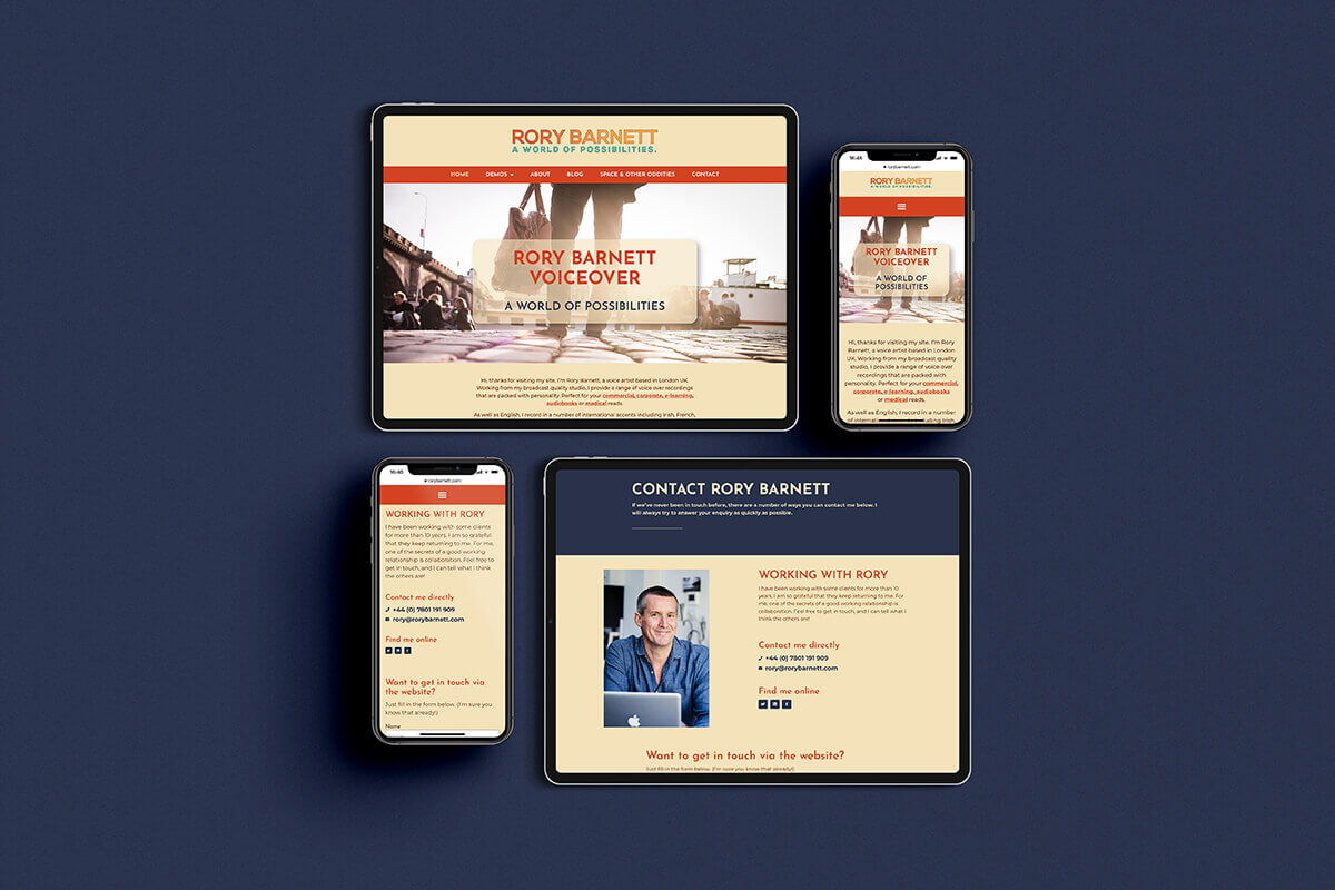 Rory's voice over website shown on ipads and mobiles.